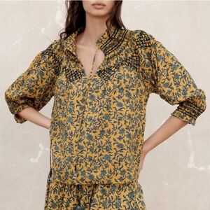 ZARA Set Floral Print Smocked Tie Neck Blouse + Maxi Skirt Mustard/Blue S